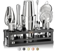 BARE BARREL® Kit de Fabrication de Cocktails | Ensemble de 16 Pièces pour Barman avec Shaker à Cocktail | Présentoir en Bambou et 35 Cartes de Recettes | Ensemble Cadeau de Mixologie (Shaker Boston de