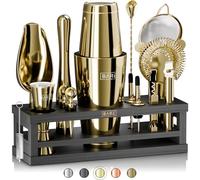 BARE BARREL® Kit de fabrication de cocktails | Kit de barman 16 pièces | Présentoir en bambou et 35 cartes de recettes | Coffret cadeau Mixology Cocktail (800 ml, shaker Boston, doré/noir)