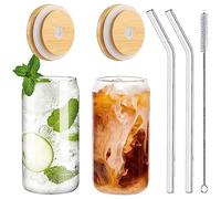 Barfeery Ensemble de 2 Pièces, avec Couvercles en Bambou, Paille en Verre, Tasses en Verre en Forme de Canette de 16 Oz avec Couvercles et Pailles, Verres à Bière