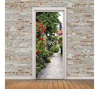 BARFPY Stickers Porte Trompe l'œil Paysage de ruelle de fleurs rouges et de plantes vertes 3D Amovible Adhésif Vinyle Papier Peint Porte Imperméable pour Chambre enfants Salle de Bain Cuisine Salon Dé