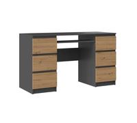 BARI - Bureau informatique - Bureau d'ordinateur - 6 Tiroirs + Support clavier coulissant - Mobilier de bureau - Gris&Chêne
