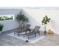 CONCEPT USINE - Lot de 2 Transats Ajustables accoudoirs + Table d'Appoint | Bain De Soleil Chaise Longue | Bari Gris Foncé | Aluminium Textilène | Réglable 6 Positions | Jardin Terrasse Plage Piscine