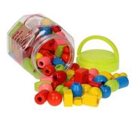 Baril 72 perles en bois a enfiler + 2 lacets - grosses perles a lacer enfant - couleurs et formes variees - set jeu creatif avec carte animal
