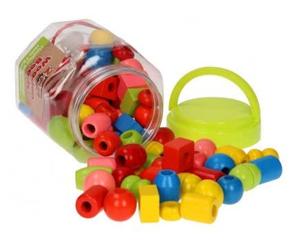 Baril 72 perles en bois a enfiler + 2 lacets - grosses perles a lacer enfant - couleurs et formes variees - set jeu creatif avec carte animal