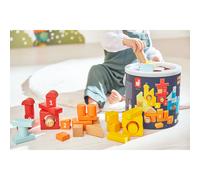 Janod - Baril 56 Pièces en Bois avec différentes Formes, Motifs, Numéros, Couleurs - Mon Premier Jeu de Construction - Boîte à Formes intégrée - Jeu d'Imitation - Dextérité & Créativité - Dès 1 an