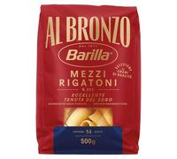 Barilla Pâtes Al Bronzo Mezzi Rigatoni 500g Tagliatelles dans des moules en bronze, adhérence à la sauce italienne, le blé dur de haute qualité donne la saveur corsée