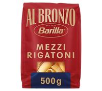 Barilla Pâtes Al Bronzo Mezzi Rigatoni 500g Tagliatelles dans des moules en bronze, adhérence à la sauce italienne, le blé dur de haute qualité donne la saveur corsée