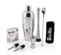 BARILLIO Elite Ensemble shaker à cocktail pour barman en acier inoxydable 680,4 g, mélangeur à martini, pilon, cuillère à mélanger, doseur, 2 verseurs d'alcool, sac en velours, livret de recettes et