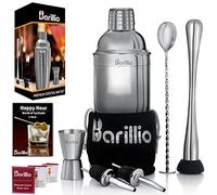 BARILLIO Elite Ensemble shaker à cocktail pour barman en acier inoxydable 680,4 g, mélangeur à martini, pilon, cuillère à mélanger, doseur, 2 verseurs d'alcool, sac en velours, livret de recettes et
