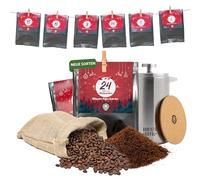 Barista Royal Calendrier de l'Avent de qualité supérieure avec cafetière française 600 ml - Torréfié avec amour par les personnes handicapées - Cadeau de café - équitable - 24 x 30 g de café - Moulu