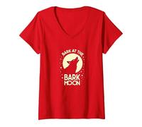 Bark at The Bark Moon : Loup Hurlant Nuit étoilée T-Shirt avec Col en V, Femme, Rouge, L