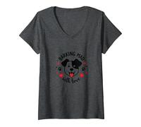 Barking Mad with Love : Cute Dog Lover Graphic T-Shirt avec Col en V, Femme, Chiné Foncé, L