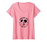 Barking Mad with Love : Cute Dog Lover Graphic T-Shirt avec Col en V, Femme, Rose, M