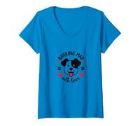Barking Mad with Love : Cute Dog Lover Graphic T-Shirt avec Col en V, Femme, Saphir, S