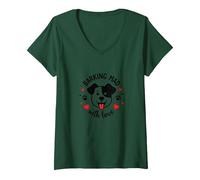 Barking Mad with Love : Cute Dog Lover Graphic T-Shirt avec Col en V, Femme, Vert Forêt, M