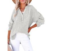 Barleybeam - Chemise décontractée à manches longues et col en V pour femme - Chemisier surdimensionné uni pour l'automne 2025, gris, M