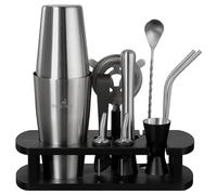 BARMINGO Boston Shaker Cocktail Kit | 11 Pièces, Volume de 825 ML, Noir - Argent | Shaker Cocktail INOX avec Support et Accessoires de Bar | Set Barman Cocktail Shaker | Kit Cocktail Professionnel
