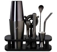 BARMINGO Boston Shaker Cocktail Kit | 11 Pièces, Volume de 825 ML, Noir Métallisé | Shaker Cocktail INOX avec Support et Accessoires de Bar |Set Barman Cocktail Shaker |Kit Cocktail Professionnel