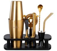 BARMINGO Boston Shaker Cocktail Kit | 11 Pièces, Volume de 825 ML, Noir - Or | Shaker Cocktail INOX avec Support et Accessoires de Bar | Set Barman Cocktail Shaker | Kit Cocktail Professionnel