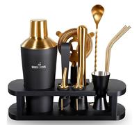 BARMINGO Shaker Cocktail Kit | 11 Pièces, Volume de 700 ML, Noir - Or | Shaker Cocktail INOX avec Support et Accessoires de Bar | Set Barman Cocktail Shaker | Kit Cocktail Professionnel