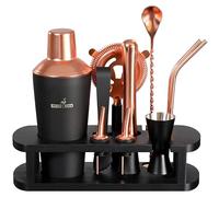 BARMINGO Shaker Cocktail Kit | 11 Pièces, Volume de 700 ML, Noir - Rosé | Shaker Cocktail INOX avec Support et Accessoires de Bar | Set Barman Cocktail Shaker | Kit Cocktail Professionnel
