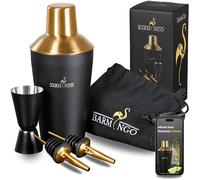 BARMINGO Shaker Cocktail Kit | 5 Pièces, Volume de 500 ml, Noir - Or | Shaker Cocktail Inox avec Accessoires de Bar | Set Barman Cocktail Shaker | Kit Cocktail Professionnel
