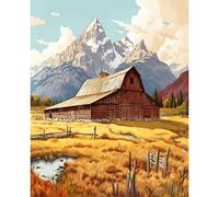 Barn-Rocky Mountain Grand View Peinture à l'huile par numéro pour adultes Cadeau à faire soi-même Kit de peinture à l'huile sur toile avec pinceaux et pigments acryliques Peinture numérique décoration