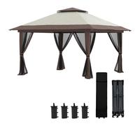 Outsunny Tonnelle de jardin extérieur barnum de jardin pop-up tente pliant 4 x 4 m double toit protection UV 50+ 4 moustiquaires, 4 sacs de sable, 1 sac de transport tissu Oxford métal beige et marron