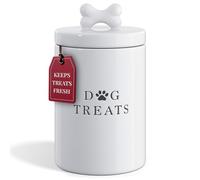 Barnyard Designs Grand pot à friandises pour chien, en céramique hermétique avec couvercle, récipient de rangement rustique pour biscuits, biscuits et collations, blanc, 13,5 x 23 cm