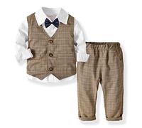 BaronHong Bébé Garçon Rayures Vêtements Set Chemise + Gilet + Noeud Papillon + Pantalon 4pcs Tenue de Gentilhomme Set Toddler Suit (Blanc, 110cm)