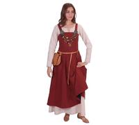 BaronHong Costume Anna 2 pièces - Surrobe médiévale viking avec tablier et laçage à l'arrière + longue robe à franges pour femme, rouge, M