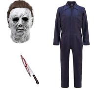 BaronHong Costume Michael Myers pour adulte - Combinaison avec masque avec testeur de sang - Halloween - Cosplay - Tenues Michael Myers Killer (bleu, XL)