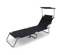 Baroni Home Chaise longue pliable et inclinable avec pare-soleil réglable à 360° et coussin amovible, chaise longue en métal avec tissu hydrofuge, charge maximale 110 kg, 186 x 55 x 24 cm, noir