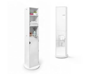 Baroni Home Colonne Miroir Pivotante à 360° avec Étagères et Porte, Meuble Gain de Place pour Salle de Bain et Chambre, Porte avec Fermeture Magnétique, 36,5x36,5x169 cm (Blanc)