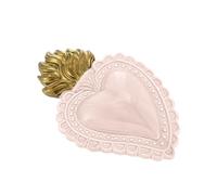 Baroni Home Cœur Sacré Ex-Voto en Céramique Peinte à la Main avec Flamme, Art Sacré Traditionnel, Décoration Murale pour la Maison, Rose Poudré, 16x11 cm