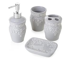 Baroni Home Ensemble d’Accessoires de Salle de Bain en Céramique Classique, Set des 4 pièces de Salle de Bain, Comprend Un Dispenser de Savon, Un Porte-Brosse, Un Verre et Un Porte-Savon, Gris Clair