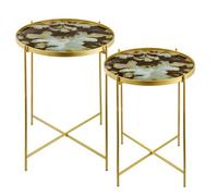 Baroni Home Ensemble de 2 Tables Basses, Tables de Salon Effet Marbre, Duo de Tables Basses avec Structure en Métal Doré, Vert et Glace