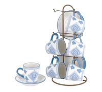Baroni Home Ensemble de Tasses et Soucoupes en Céramique Décoré Peints à la Main, 6 Tasses à Café avec Pratique Manches, Tasses avec Structure en Métal, Ligne Maïoliques Bleu, 15x13x29 cm