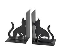 Baroni Home Lot de 2 Serre-Livres en Métal pour Bibliothèque, Serre Livres pour Bureau, école, Chambre, Salon, Motif Chats, Couleur Noir, 12x10x17 cm