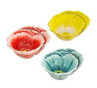 Baroni Home Lot de 3 bols en forme de fleur, design coloré et floral, tasses à crème glacée, fruits, snack, bol fleur rouge, jaune et bleu ciel, 13,5 cm