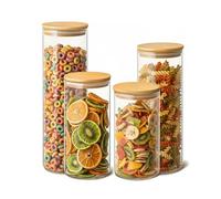 Baroni Home Lot de 4 bocaux en verre borosilicate avec bouchon en bambou, récipients alimentaires hermétiques, lavables au lave-vaisselle, design minimaliste, 4 pots mixtes