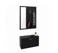 Baroni Home Meuble d'entrée 3 pièces avec étagère à chaussures, porte-manteau mural et miroir, banc à chaussures, ensemble modulaire économe de l'espace, 24 x 90 x 180 cm (noir 4 crochets)
