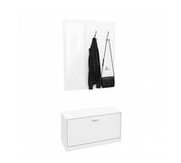 Baroni Home Meuble d'entrée 3 pièces avec étagère à chaussures, porte-manteau mural et miroir, banc à chaussures, ensemble modulaire peu encombrant, 24 x 90 x 180 cm (blanc 4 crochets)