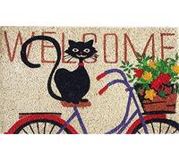 Baroni Home Paillasson d'Extérieur en Fibre de Coco avec Base Antidérapante en PVC, Tapis d'Extérieur Peint à la Main Facile à Nettoyer et Ultra-Résistant, Paillasson d'Entrée, Chat sur Vélo 70x40 cm