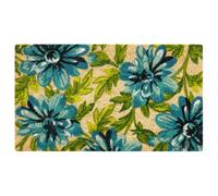 Baroni Home Paillasson en Gain de Place Coco Peint à la Main Facile à Nettoyer et Résistant, Tapis d’Entrée avec Dessous Antidérapante PVC, Fleurs Turquoises, 70x40 cm