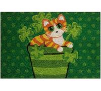 Baroni Home Paillasson Gain de Place Coco pour Entrée, Tapis d’Entrée en PVC, Tapis Antidérapant, Paillasson Peint à la Main Coloré et Résistant, 60X40X2 cm, Chat Tigré et Trèfle