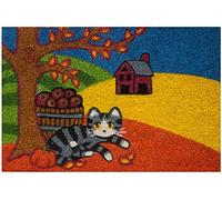 Baroni Home Paillasson Gain de Place Coco pour Entrée, Tapis d’Entrée en PVC, Tapis Antidérapant, Paillasson Peint à la Main Coloré et Résistant, 60X40X2 cm, Chat Tigré Gris et Paysage d’Automne