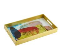 Baroni Home Plateau Rectangulaire avec Fond en Verre à Motif Abstrait, Plateau de Service avec Bord et Poignées en Bois, Plateau Décoratif de Cuisine, 40x24x4,5 cm, Or Abstrait
