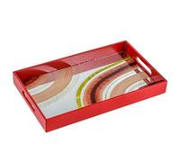 Baroni Home Plateau Rectangulaire avec Fond en Verre à Motif Abstrait, Plateau de Service avec Bord et Poignées en Bois, Plateau Décoratif de Cuisine, 40x24x4,5 cm, Rouge