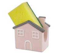Baroni Home Porte-éponge pour Évier de Cuisine en Céramique, Porte-éponge pour Lavabo avec Éponge Incluse, Maison Rose, 10x6x10 cm